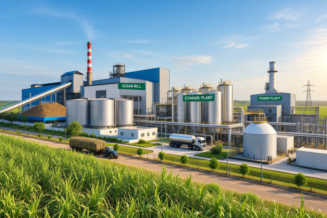 Modern sugar mill and ethanol plant representing the proposed Chhata project in Uttar Pradesh