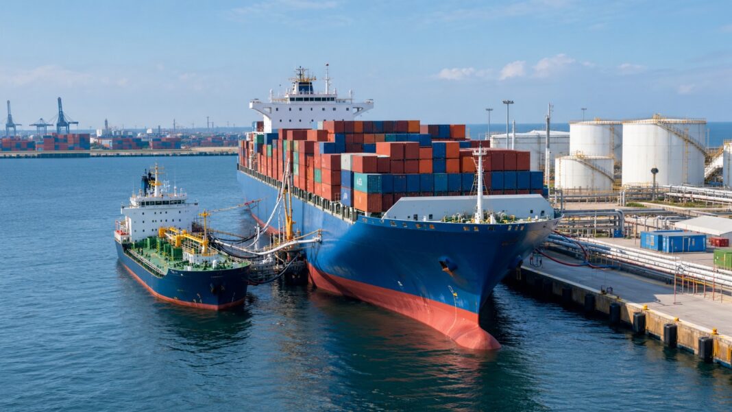 Container vessel receiving ethanol during ship-to-ship marine fuel bunkering