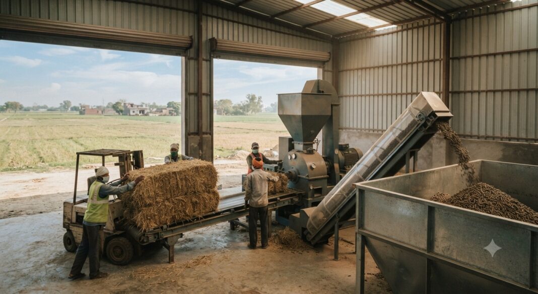 Biomass pelletisation facility processing paddy straw in Punjab