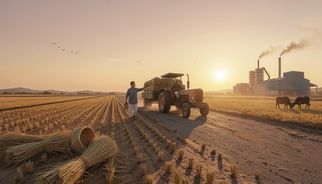 Paddy straw being collected for industrial fuel and bioenergy production in Punjab