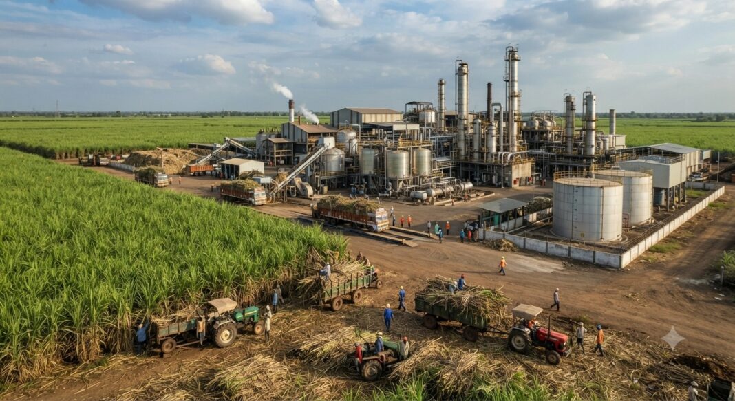 Indian ethanol distillery processing sugarcane feedstock for renewable fuel production