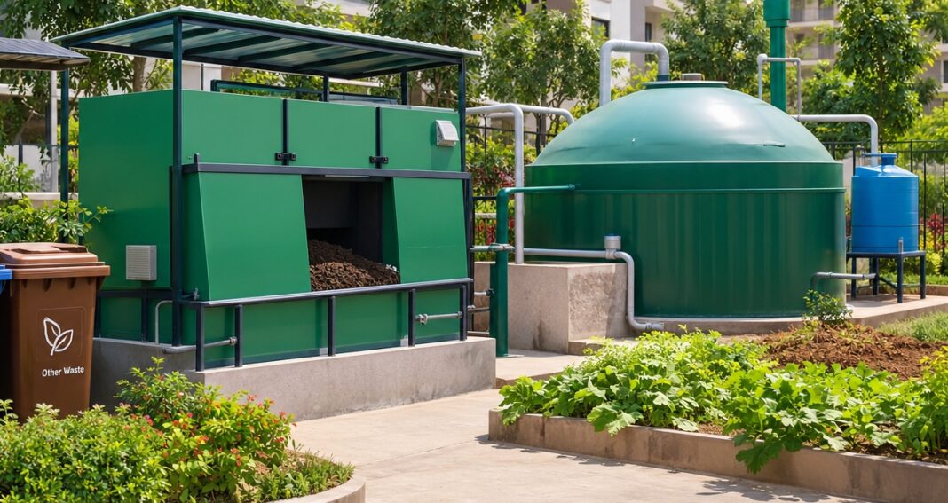 Biogas plant and aerobic composter for decentralised wet waste management in Malkajgiri
