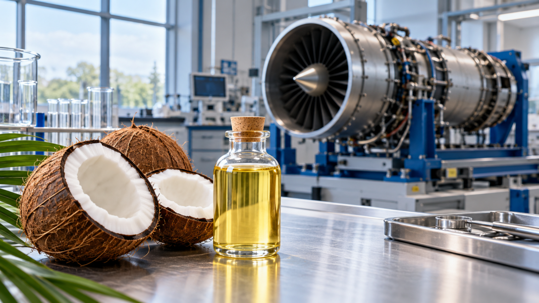 AI illustration of coconuts and an oil sample in a laboratory with a generic jet engine, representing coconut oil biofuel research.