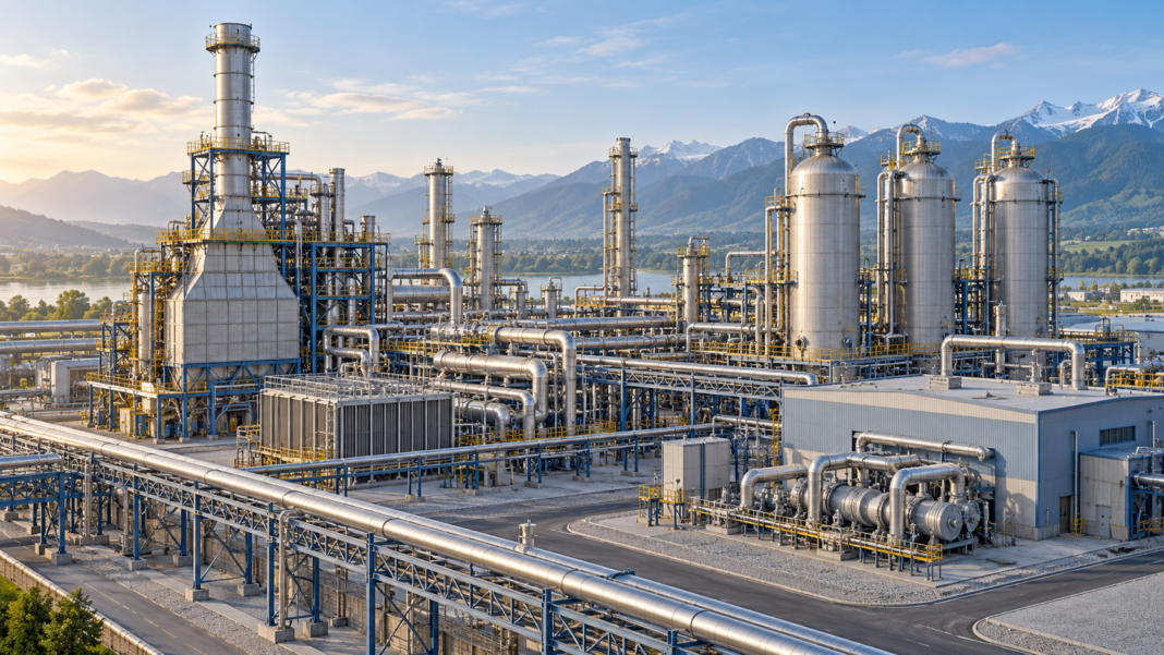 AI illustration of an ammonia facility with reforming equipment, process vessels and pipework.