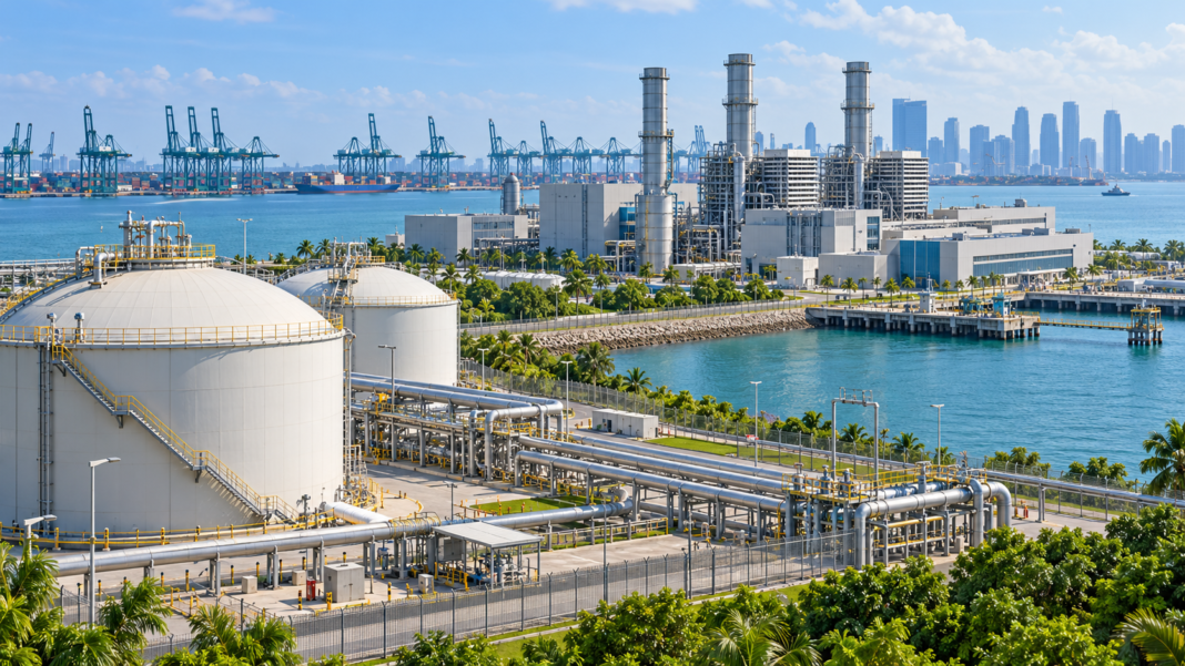 AI illustration of gas storage tanks and a power station at a tropical industrial port, representing Singapore’s biomethane import pilot.